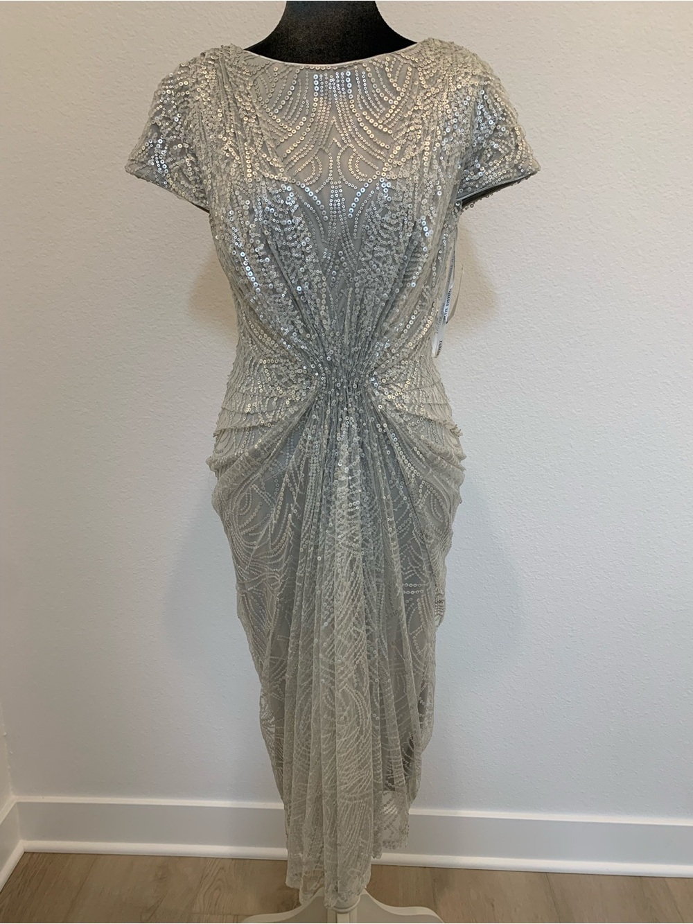 Tadashi Shoji Silver Beaded Midi Dress with Short Sleeves